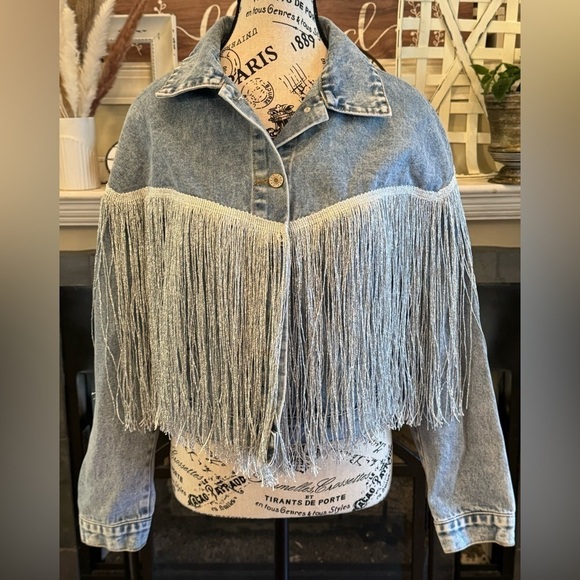Jackets & Blazers - Denim Bride Rhinestone Jean Jacket Light Wash Silver Tassels Honeymoon Small
